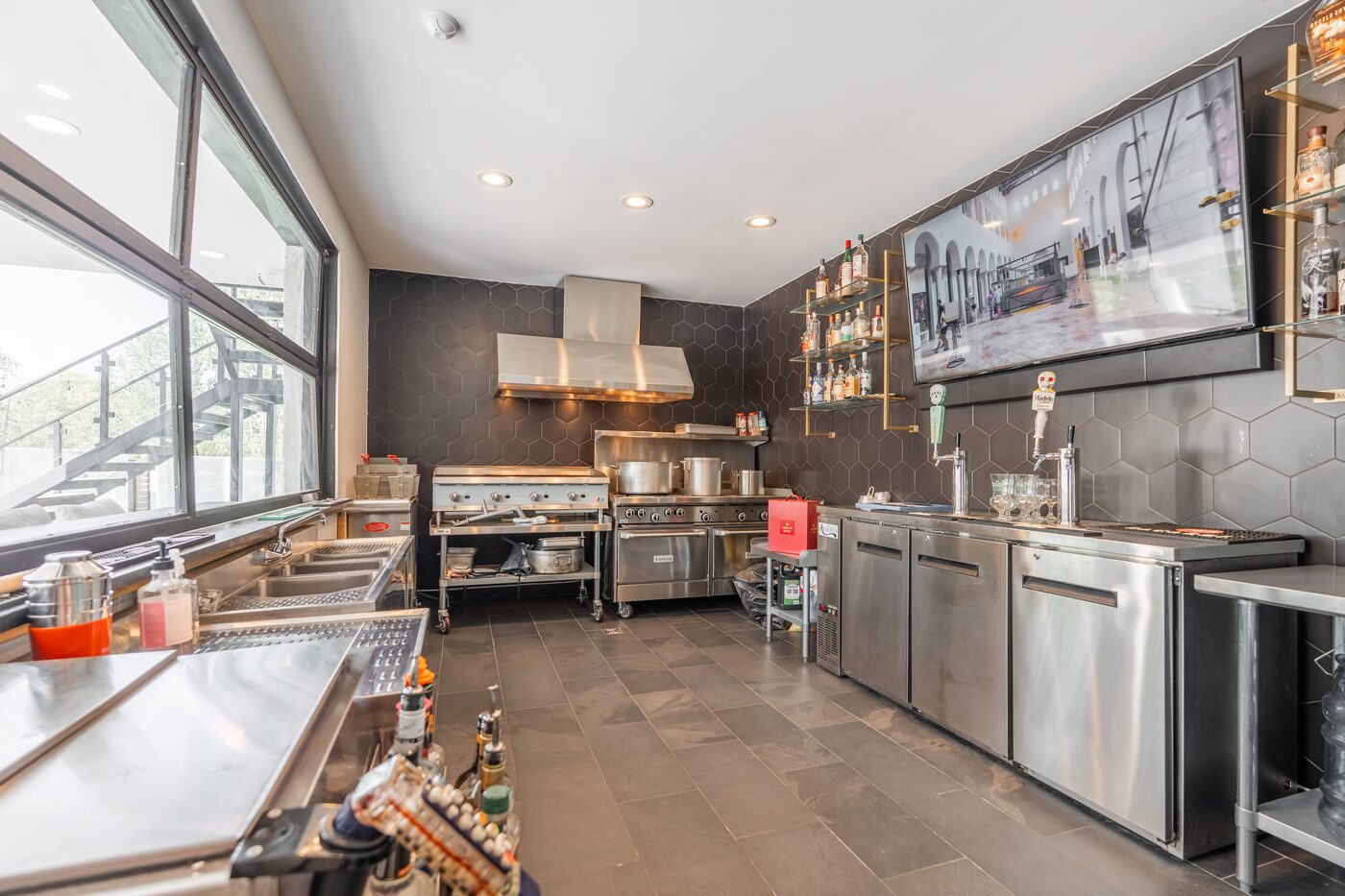 Commercial kitchen and pool bar on the terrace level